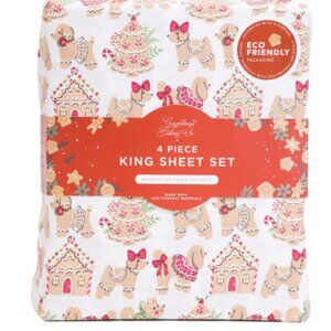 ENVOGUE Christmas Gingerbread House & Dogs Sheet Set Queen 4 PC New
